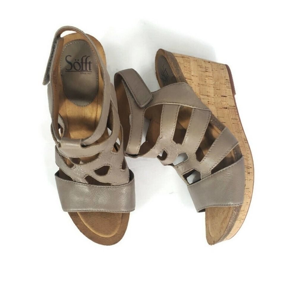 Sofft Leather Open Toe Gray Cork Wedge Chamblee Sandal Women's Size 11 New